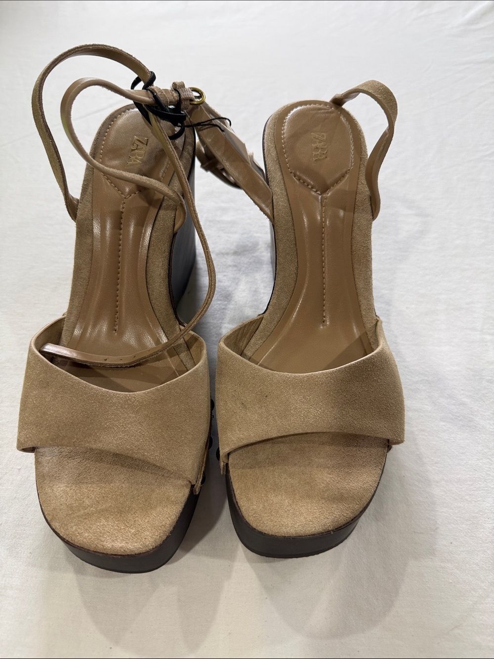 Zara Beige/Tan Leather Suede Platform Slingback Heels